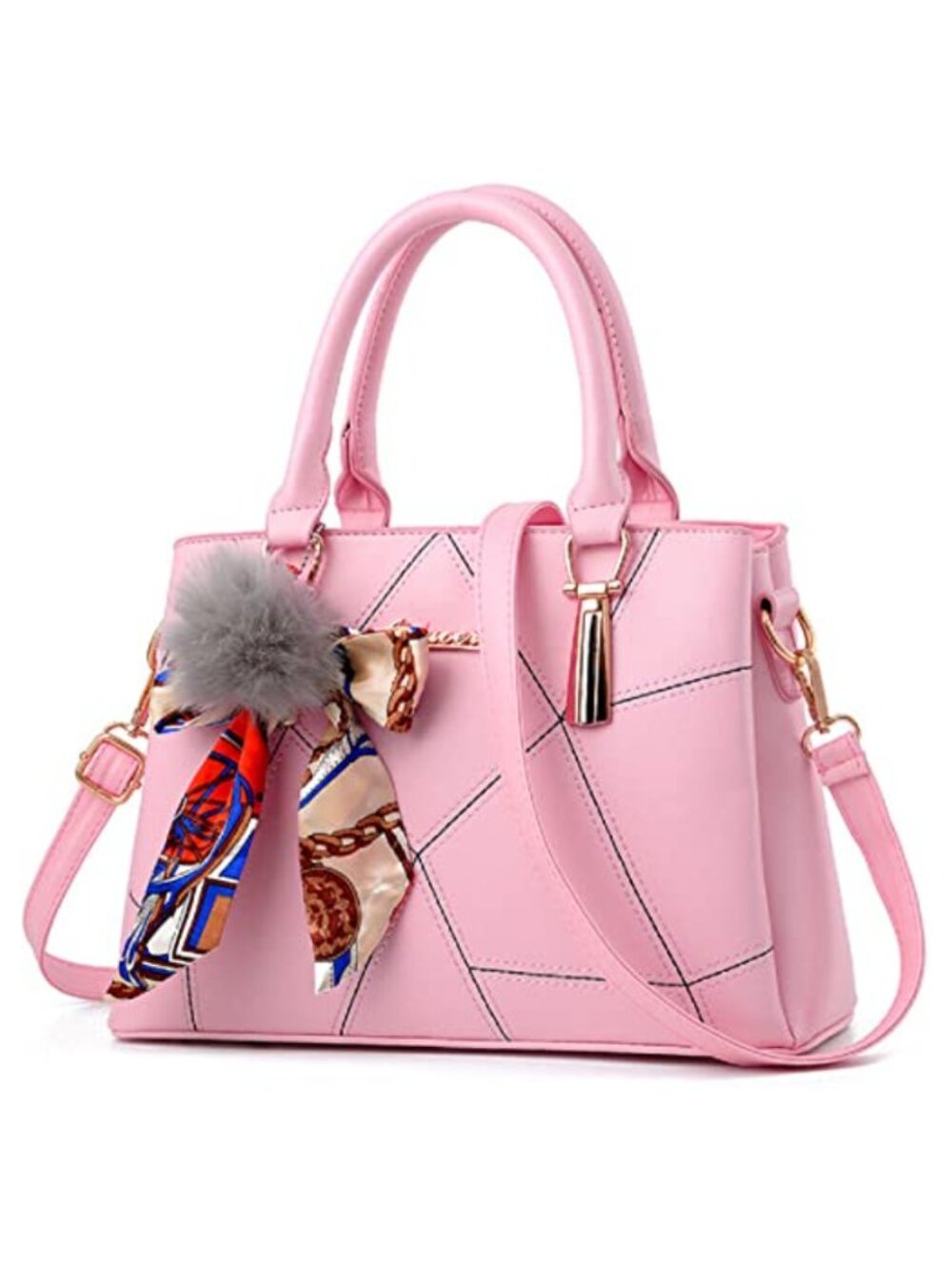 Women's PU Leather Satchel Top-Handle Bag with Pompon and Bowknot